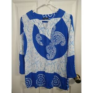 KANDA Woman XL/44 Tunic Pullover V Neck Blue White Paisley Boho Chic Hippie
